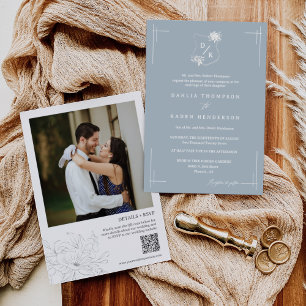Dusty Blue Floral Wedding Crest Boho QR Code Photo Invitation