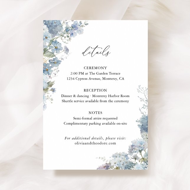 Dusty Blue Floral Wedding Details, Info Enclosure Card (Dusty blue floral wedding details card, watercolor hydrangea ceremony reception info enclosure)