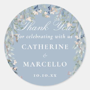 Dusty Blue Floral Wedding Favour Thank You Classic Round Sticker
