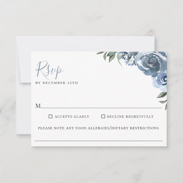 Dusty Blue Floral Wedding Food Allergy RSVP (Front)