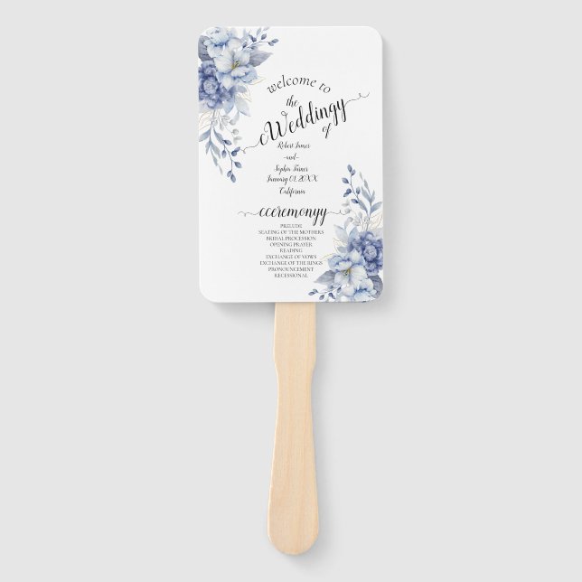 Dusty Blue Floral Wedding  Hand Fan (Front)