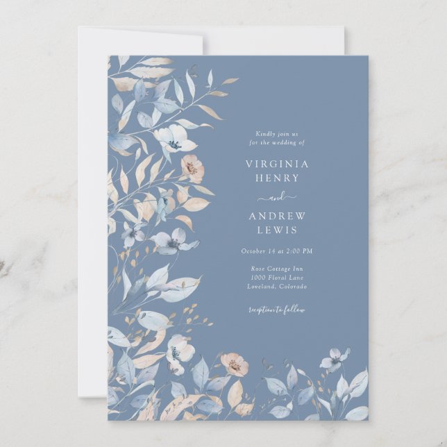 Dusty Blue Floral Wedding Invitation (Front)