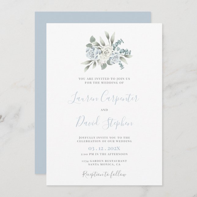 Dusty Blue Floral Wedding Invitation (Front/Back)
