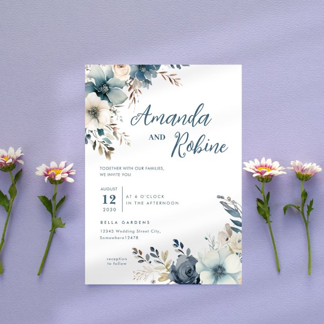 Dusty Blue Floral Wedding Invitation (Creator Uploaded)