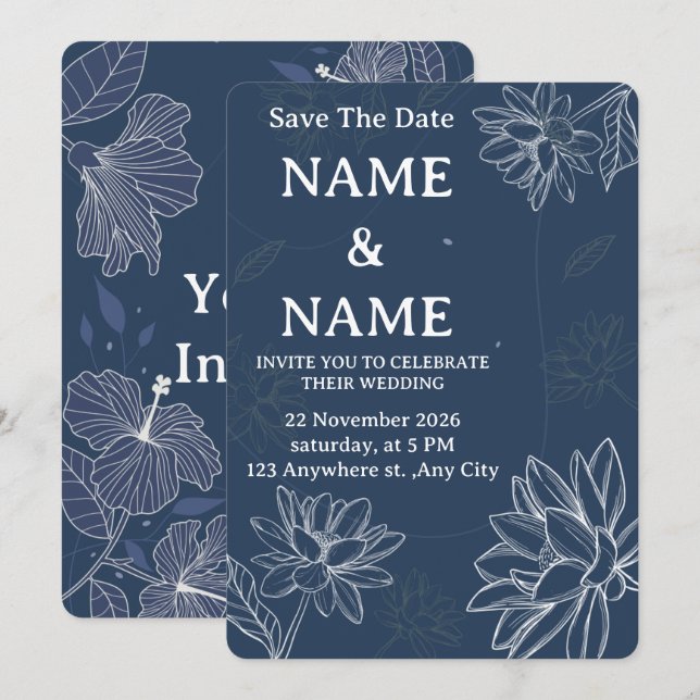 Dusty Blue Floral Wedding Invitation (Front/Back)