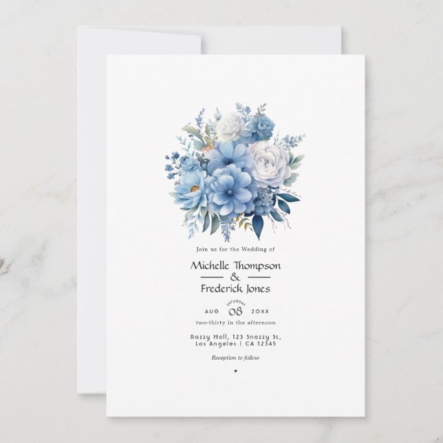 Dusty Blue Floral Wedding Invitation (Front)