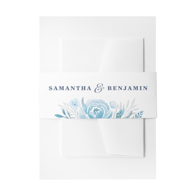 Dusty Blue Floral Wedding Invitation Belly Band (Front Example)