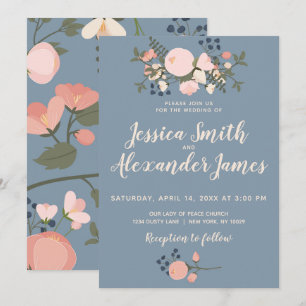 Dusty Blue Floral Wedding Invitation Blush Pink