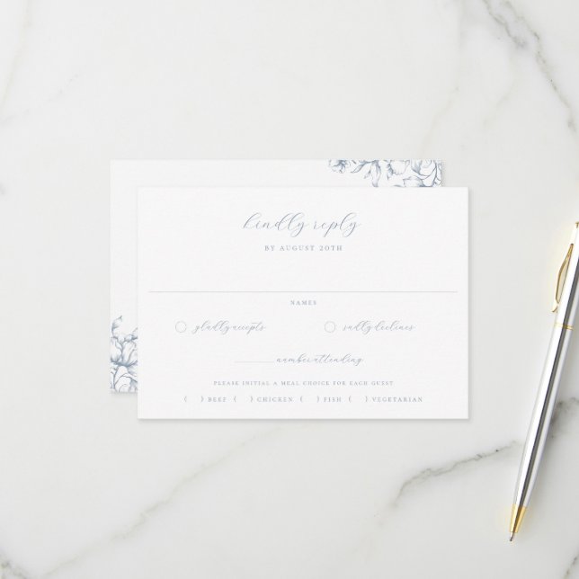 Dusty Blue Floral Wedding Meal Choice RSVP Card (Front/Back In Situ)