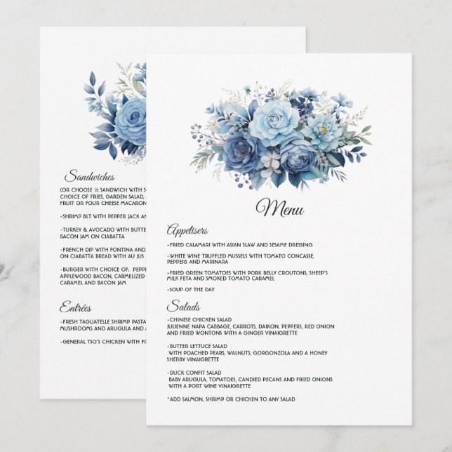 Dusty Blue Floral Wedding Menu (Front/Back)