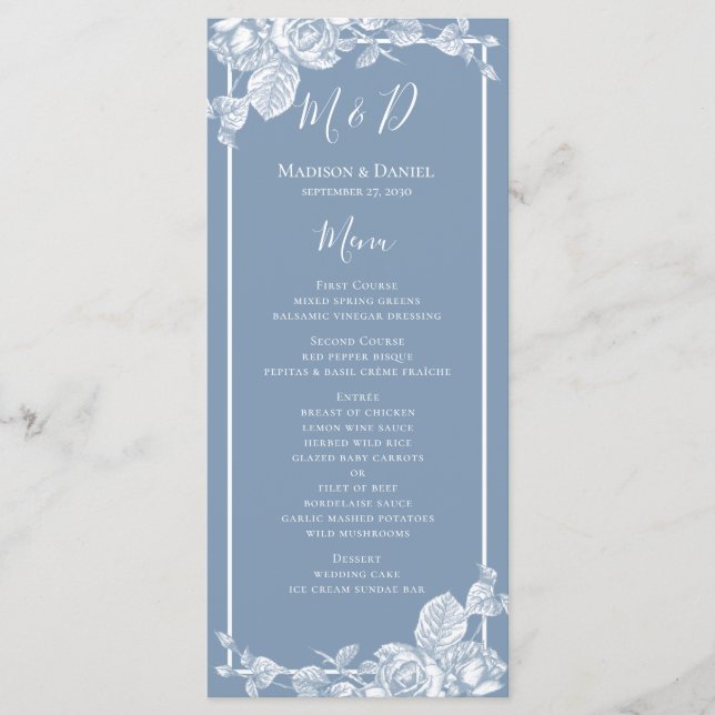 Dusty Blue Floral Wedding Menu (Front)