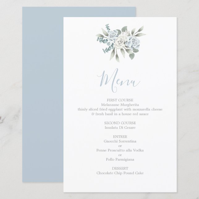 Dusty Blue floral wedding Menu Card (Front/Back)