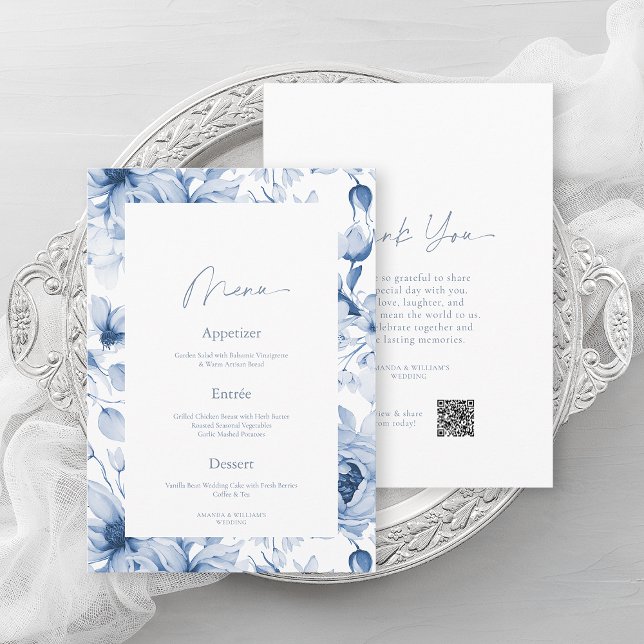 Dusty Blue Floral Wedding Menu & Thank You Card (Creator Uploaded)