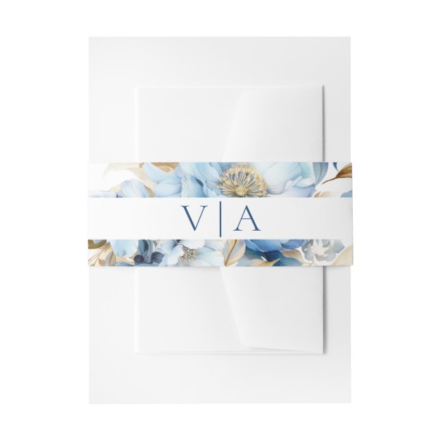 Dusty Blue Floral Wedding Monogram Invitation Belly Band (Front Example)
