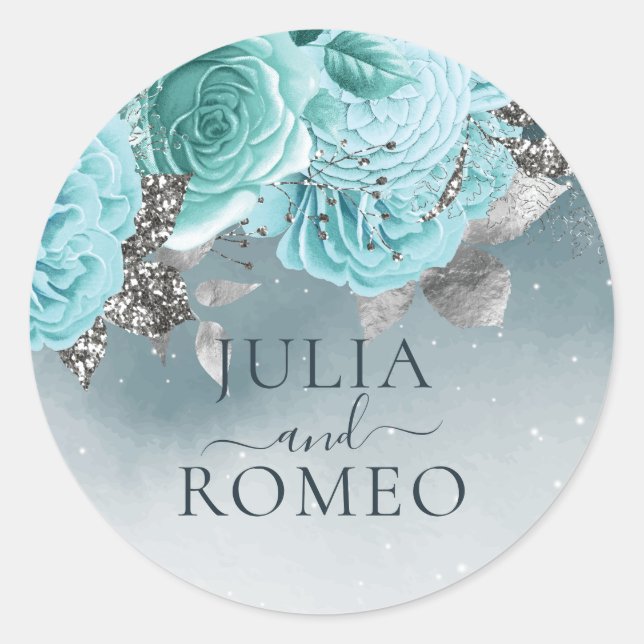 Dusty Blue Floral Wedding Personalized Classic Round Sticker (Front)