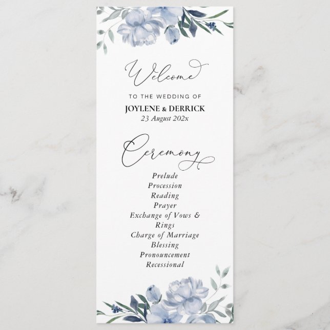 dusty blue floral wedding program (Front)