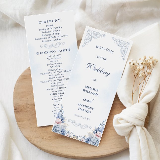 Dusty Blue Floral Wedding Program Fan (Creator Uploaded)