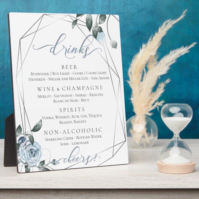 Dusty Blue Floral Wedding Reception Bar Menu 2 Plaque (Side)