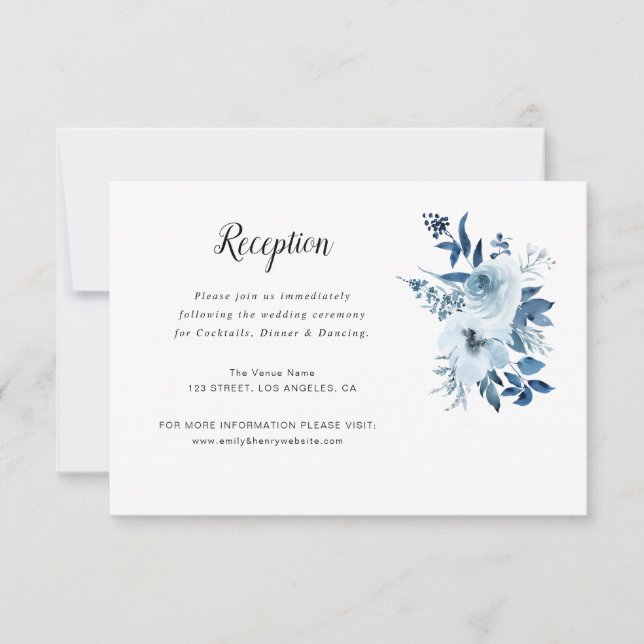 dusty blue floral wedding reception card (Front)