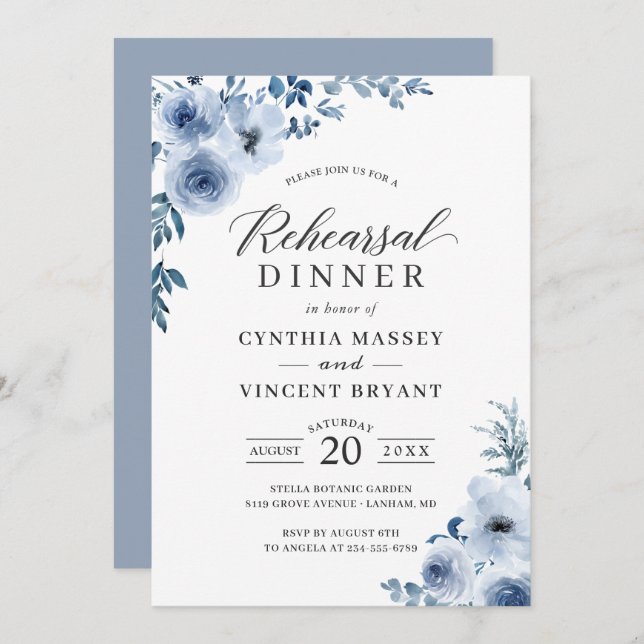 Dusty Blue Floral Wedding Rehearsal Dinner Invitation (Front/Back)
