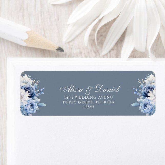 Dusty Blue Floral Wedding Return Address Label (Insitu)