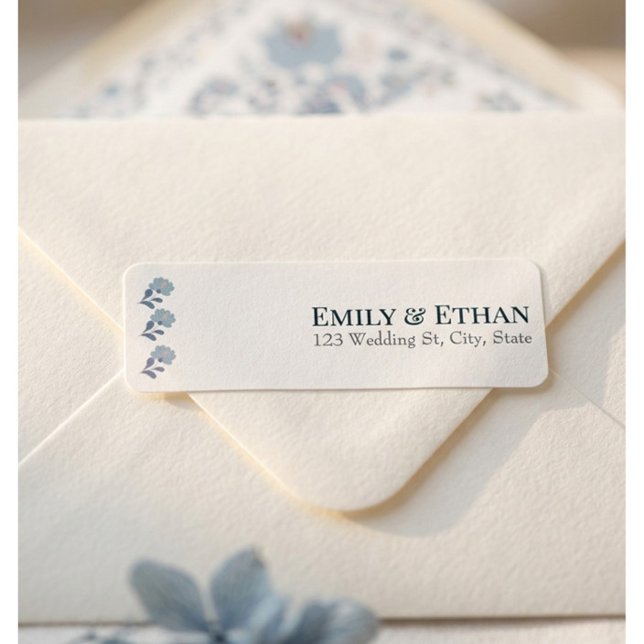 Dusty Blue Floral Wedding Return Address Label (Dusty blue wedding envelope with floral return address label elegant stationery suite detail.)