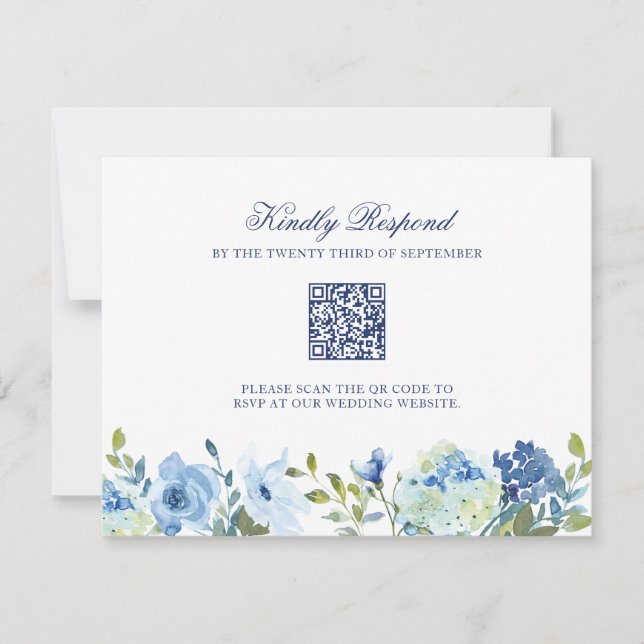 Dusty Blue Floral Wedding RSVP Card with QR Code (Front)