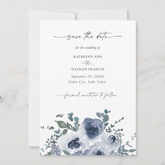 Dusty Blue Floral Wedding Save the Date Invitation (Front)