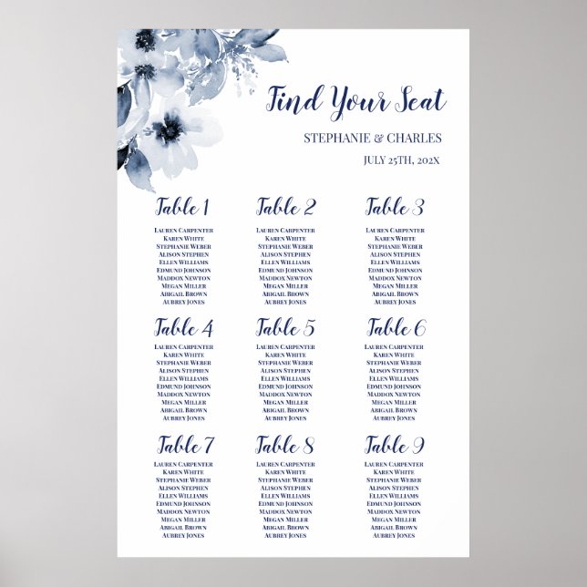 Dusty Blue Floral Wedding Seating Chart (Front)