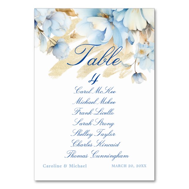 Dusty Blue Floral Wedding Table Seating Chart  Tab Number (Front)