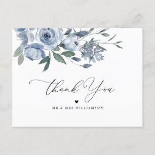 dusty blue floral wedding thank you card