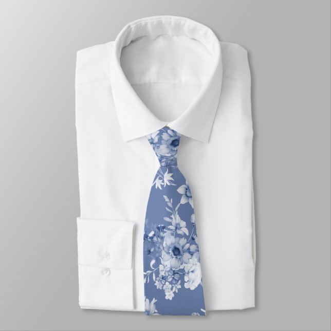 Dusty Blue Floral Wedding Tie (Tied)
