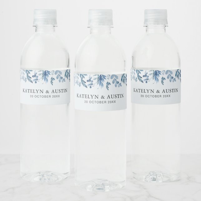 dusty blue floral wedding water bottle label (Bottles)