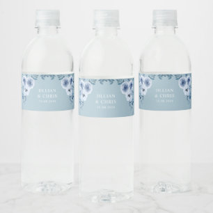 dusty blue floral wedding  water bottle label