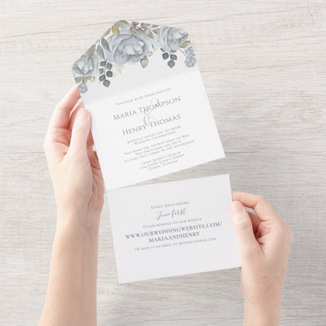 Dusty Blue Floral Wedding Website Guest Addressed All In One Invitation (Tearaway)