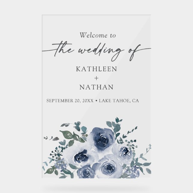 Dusty Blue Floral Wedding Welcome  Acrylic Sign (Front)