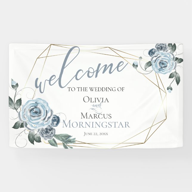 Dusty Blue Floral Wedding Welcome Banner (Horizontal)