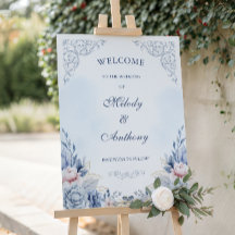 Dusty Blue Floral Wedding Welcome Sign