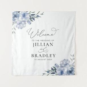 dusty blue floral wedding welcome sign tapestry
