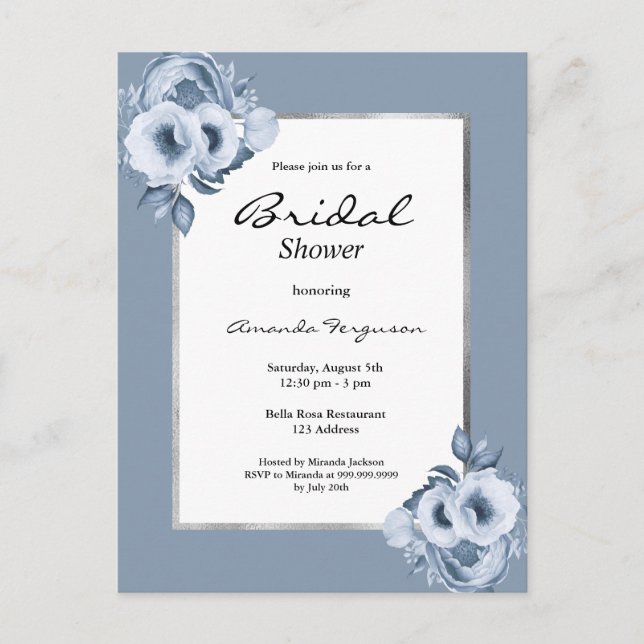 Dusty blue floral white bridal shower invitation postcard (Front)