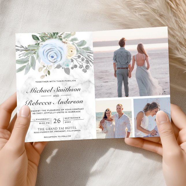 Dusty Blue Floral White Marble QR Code Wedding Invitation (Creator Uploaded)