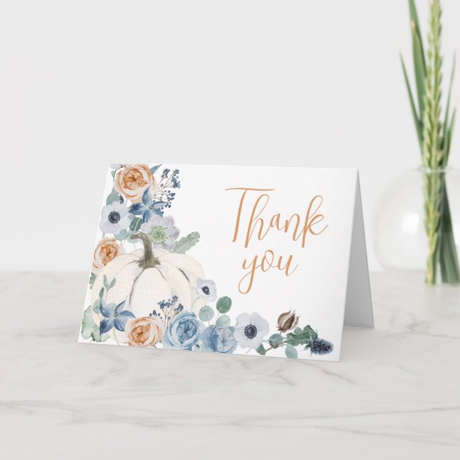 Dusty Blue Floral White Pumpkin Baby Shower Thank You Card (Front)