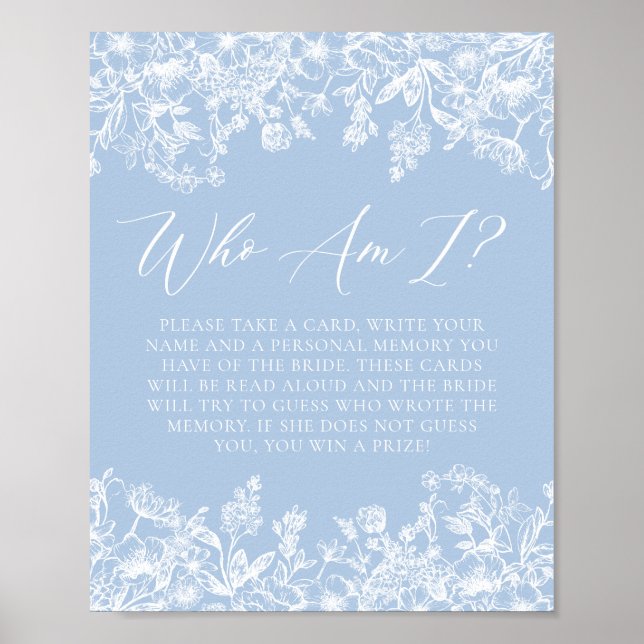 Dusty Blue Floral Who Am I Bridal Shower Game Sign (Front)