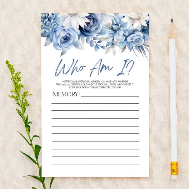 Dusty Blue Floral Who Am I Bridal Shower Game Stationery (Creator Uploaded)