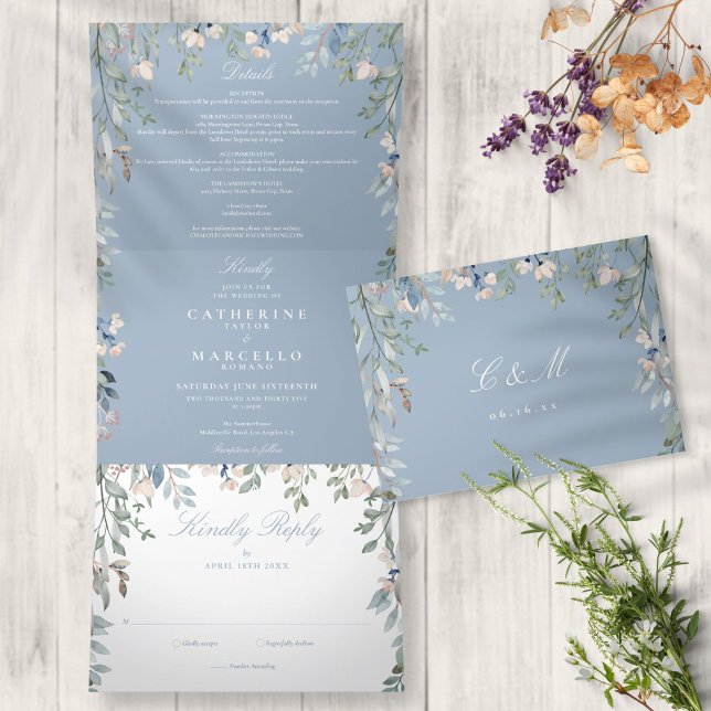 Dusty Blue Floral Wildflowers Photo Wedding Tri-Fold Invitation (Creator Uploaded)