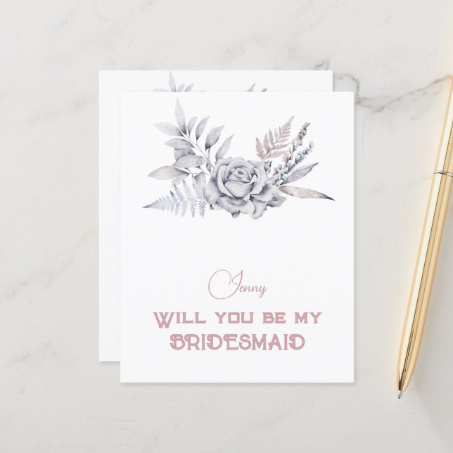 Dusty Blue Floral Will You Be My Bridesmaid (Front/Back In Situ)