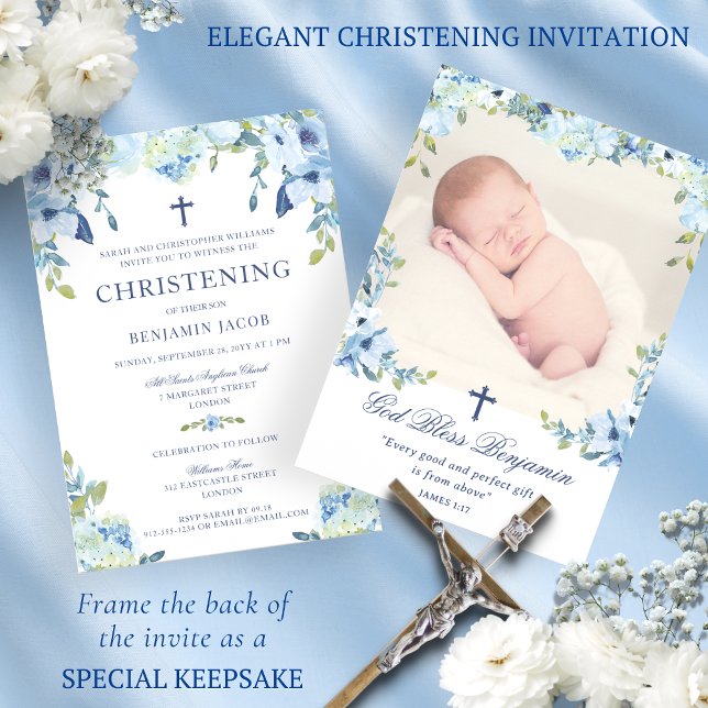 Dusty Blue Floral with Photo Christening Invitation (Creator Uploaded)