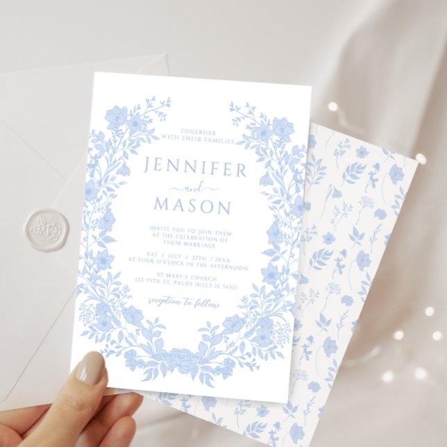 Dusty blue floral wreath bohemian classic wedding invitation (Creator Uploaded)