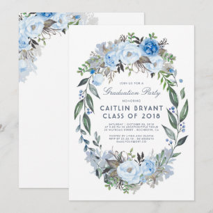 Dusty Blue Floral Wreath Elegant Graduation Party Invitation