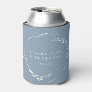 Dusty Blue Floral Wreath Monogram Personalized Can Cooler